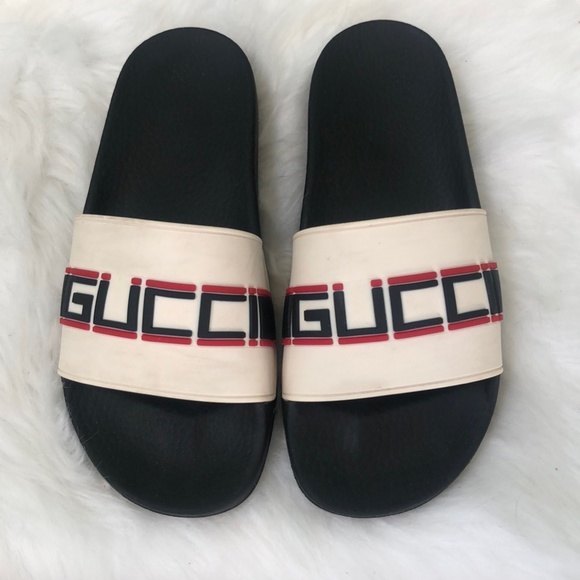 Gucci Unisex Black White Open Toe Flat Slip On Slide Sandals Authentic - Picture 2 of 10
